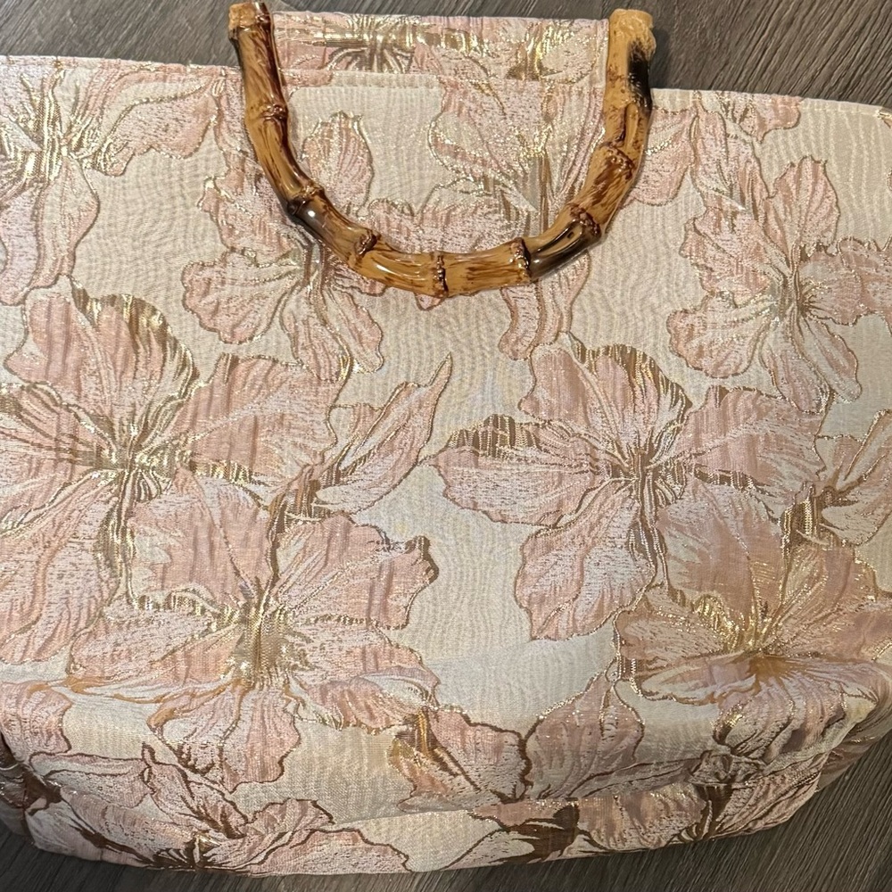 Floral Embroidered Women's Bag with Bamboo Handles